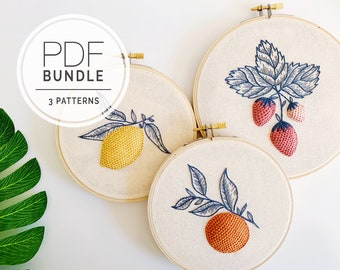 PAQUETE DE PATRÓN PDF ⨯ Patrón de bordado a mano de frutas de verano / fresa y limón - arte de bordado botánico y bordado decoración del hogar