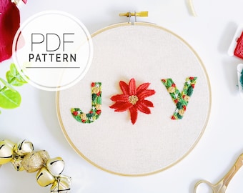 PDF EMBROIDERY PATTERN ⨯ Christmas Joy | 3D floral poinsettia Christmas embroidery pattern and decor - joy to the world floral pdf pattern