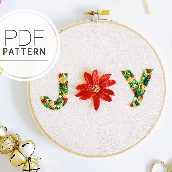 PDF EMBROIDERY PATTERN ⨯ Christmas Joy | 3D floral poinsettia Christmas embroidery pattern and decor - joy to the world floral pdf pattern