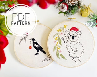 PATRÓN PDF PAQUETE ⨯ Navidad Australiana / Bordado koala con gorro de Papá Noel y urraca patrón pdf - Manualidades navideñas y diy -Australiana