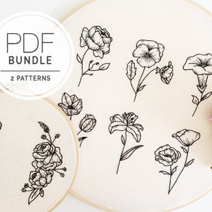PDF PATTERN BUNDLE ⨯ Monochrome Florals 1 & 2 | Floral hand embroidery pattern - botanical embroidery art - diy decor, beginner embroidery