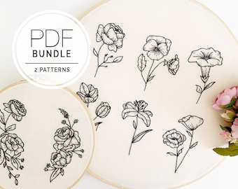 PAQUETE DE PATRÓN PDF ⨯ Florales Monocromos 1 y 2 / Patrón de bordado floral a mano - arte de bordado botánico - decoración diy, bordado para principiantes