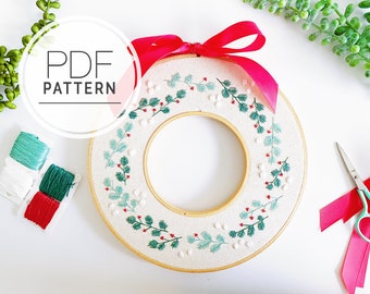 PATRÓN DE BORDADO PDF ⨯ Corona de Navidad / Patrón de bordado navideño - Corona de doble aro diy - Invierno y nieve - Bordado moderno