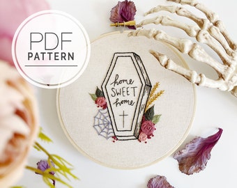 PDF STICKMUSTER Home Sweet Home | Halloween und Herbst Stickmuster - Gothic Sarg Anfänger Stickerei - home sweet home handarbeit