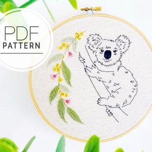 PDF EMBROIDERY PATTERN ⨯ Koala florals | Australian animal embroidery pdf pattern - easy beginner animal embroidery - Australian home decor