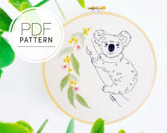 PATRÓN DE BORDADO PDF ⨯ Koala floral / bordado de animales australiano patrón pdf - bordado de animales fácil para principiantes - decoración del hogar australiano