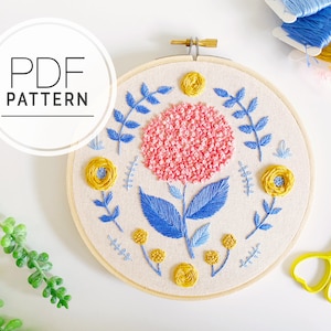 PDF EMBROIDERY PATTERN ⨯ Happy Hydrangea |  Floral hand embroidery pattern - easy beginner embroidery pattern - Scandinavian embroidery art