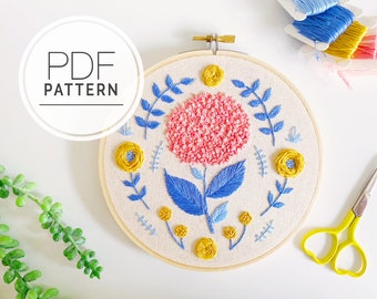 PATRÓN DE BORDADO PDF ⨯ Hortensia Feliz / Patrón de bordado a mano floral - patrón de bordado fácil para principiantes - Arte de bordado escandinavo