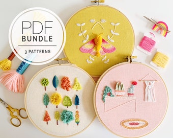 PDF MUSTER BUNDLE ⨯ Bäume & Textur | Motte Handstickmuster - Stickmuster Kaktus - botanische Stickerei - Makramee