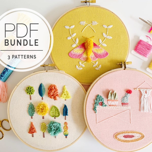 PDF PATTERN BUNDLE ⨯ Trees & Texture | Moth hand embroidery pattern - cactus embroidery pattern - botanical embroidery - macrame
