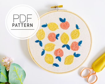 PATRÓN DE BORDADO PDF ⨯ Patrón de bordado a mano de melocotón y limón / fruta - patrón de bordado de muestra fácil para principiantes - decoración de cocina de limón diy
