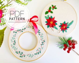 PATRÓN PDF PAQUETE ⨯ Coronas de Navidad / Poinsettia y acebo bordado a mano patrón pdf - Manualidades navideñas y diy - Bordado moderno