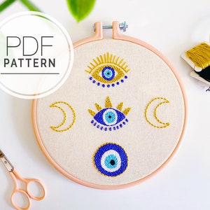 PDF EMBROIDERY PATTERN ⨯ Evil Eye |  Boho and spiritual home decor crafted wall art - diy boho - evil eye protection charm - wall hanging