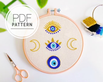 PATRÓN DE BORDADO PDF ⨯ Mal de ojo / Boho y decoración espiritual del hogar arte de pared hecho a mano - diy boho - encanto de protección contra el mal de ojo - colgante de pared