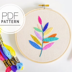 PDF EMBROIDERY PATTERN ⨯ Rainbow Leaf Sampler |  Plant hand embroidery pattern - easy floral plant beginner sampler embroidery pattern - diy