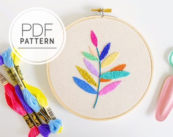 PATRÓN DE BORDADO PDF ⨯ Muestrario de hojas de arco iris / Patrón de bordado a mano de plantas - patrón de bordado de muestras para principiantes de plantas florales fáciles - diy
