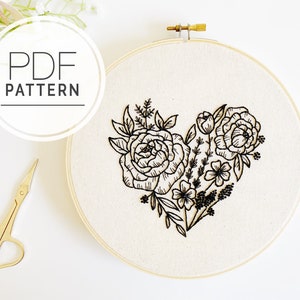 PDF EMBROIDERY PATTERN ⨯ Floral Heart |  Valentine flower hand embroidery pattern - easy beginner embroidery pattern - botanical embroidery