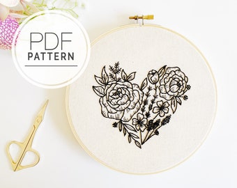 PATRÓN DE BORDADO PDF ⨯ Corazón Floral / Patrón de bordado a mano flor de San Valentín - patrón de bordado fácil para principiantes - bordado botánico