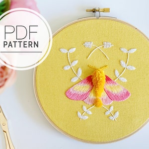 PDF EMBROIDERY PATTERN ⨯ Rosy Maple Moth |  Moth hand embroidery pattern - easy beginner embroidery pattern - botanical embroidery art - diy