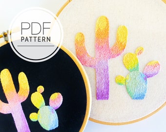PATRÓN DE BORDADO PDF ⨯ Rainbow Cactus Duo / Tutorial de pintura con hilos - patrón de bordado a mano de cactus - decoración diy - arte de bordado de cactus