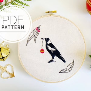 PDF EMBROIDERY PATTERN ⨯ Christmas Magpie | Australian bird animal embroidery pdf pattern - Christmas crafts and diy - Australian Christmas