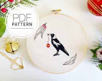 PATRÓN DE BORDADO PDF ⨯ Urraca navideña / bordado animal pájaro australiano patrón pdf - Manualidades navideñas y diy - Navidad australiana