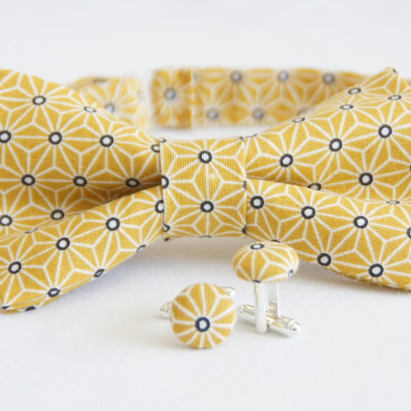 Ensemble Noeud papillon + boutons de manchette motifs géométrique jaune