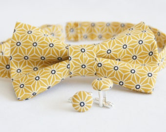 Bow tie set + cufflinks yellow geometric patterns