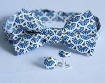 Ensemble Noeud papillon + boutons de manchettes motifs bleu/jaune