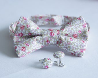 Ensemble Noeud papillon + boutons de manchette Liberty rose