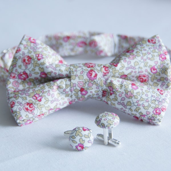 Ensemble Noeud papillon + boutons de manchette Liberty rose