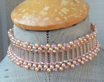 Golden Peach Champagne Pearl & Crystal Ribbon Band Choker Necklace Wedding Bride Bridal Maid of Honor Romantica Jewelry Jewellery