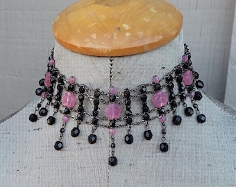 Pink and Jet Black Flower Czech Crystal Fringe Choker Necklace Earrings Drama Statement Wedding Bride Bridal Maid Honor Jewelry Jewellery