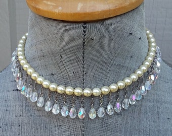 Ivory Off White Pearl & Rainbow Crystal AB Fringe Choker Necklace Wedding Bride Bridal Jewelry Jewellery / Pearl and Aurora Borealis Choker