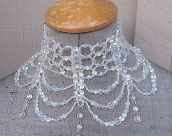 Clear Crystal AB Aurora Borealis Elaborate Statement Choker Necklace Beaded Scallop for Bride Bridal Strapless Wedding Jewelry Jewellery