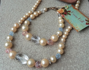 Cream Ivory Off White Glass Pearl Pastel Pink & Light Blue Crystal Choker Necklace Bracelet Set Baby Shower Wedding Bride Bridal Jewelry