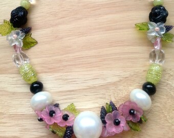 Floral Flower Pearl Wedding Choker Necklace Beaded Pink Green White Black Clear Crystal Garland OOAK Handcrafted Bride Bridal Jewelry Idea