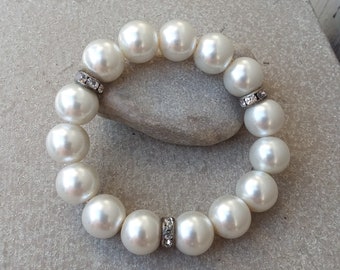 Bold 12mm White Pearl and Antiqued Rhinestone Stretch Bride Bridal Bracelet for Wedding Jewelry Jewellery