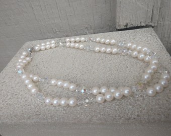 Long Classic White Pearl & Clear AB Swarovski Austrian Crystal 35" Necklace for Bride Bridal Wedding Jewelry Jewellery