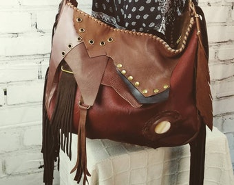 Brown Leather Bag/ mineral teja Bohemian Irregular asymmetric Handbags/ tribal hobo purse fringes handmade love flecos shopper bike