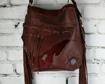 Leather Handbag Woman Hippie/ Brown Handbag handmade/ tribal western style free irregular people/ woman accesories