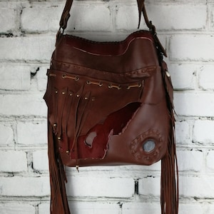Leather Handbag Woman Hippie/ Brown Handbag handmade/ tribal western style free irregular people/ woman accesorie
