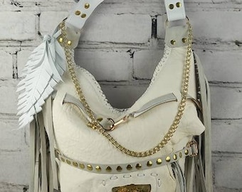 White Cow Bag/ Rockabilly style handbag/ woman tote Bag/ Fringe Purse