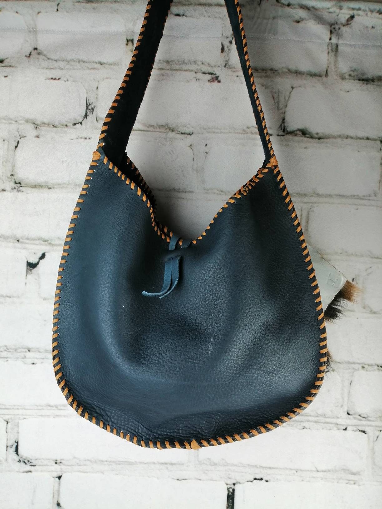 Handmade Blue Leather Bag - Boho Hippie Style Wallet  display picture 1