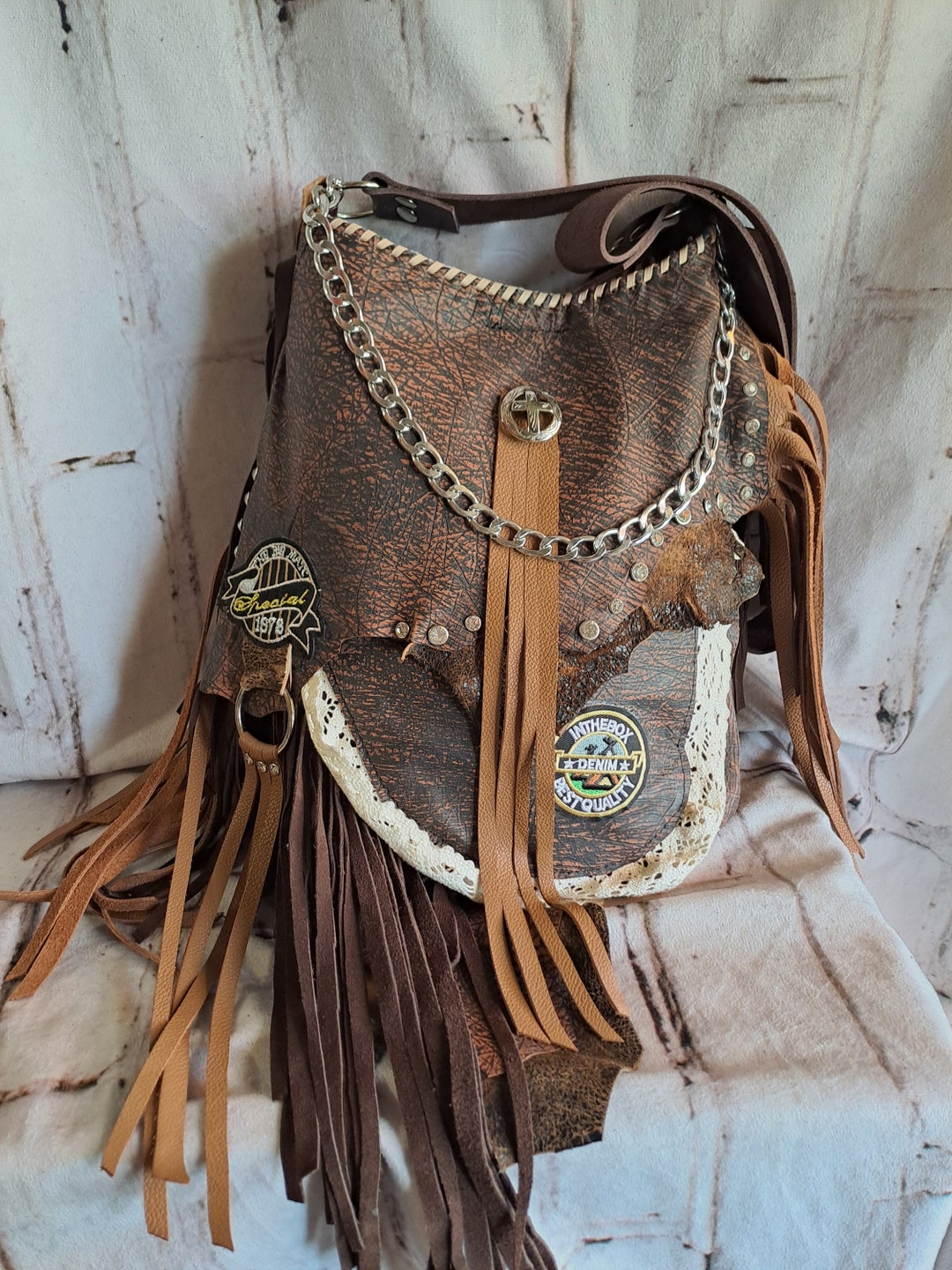 Braune Lederhandtasche im Hippie-Stil/lange Fransen-Accessoires