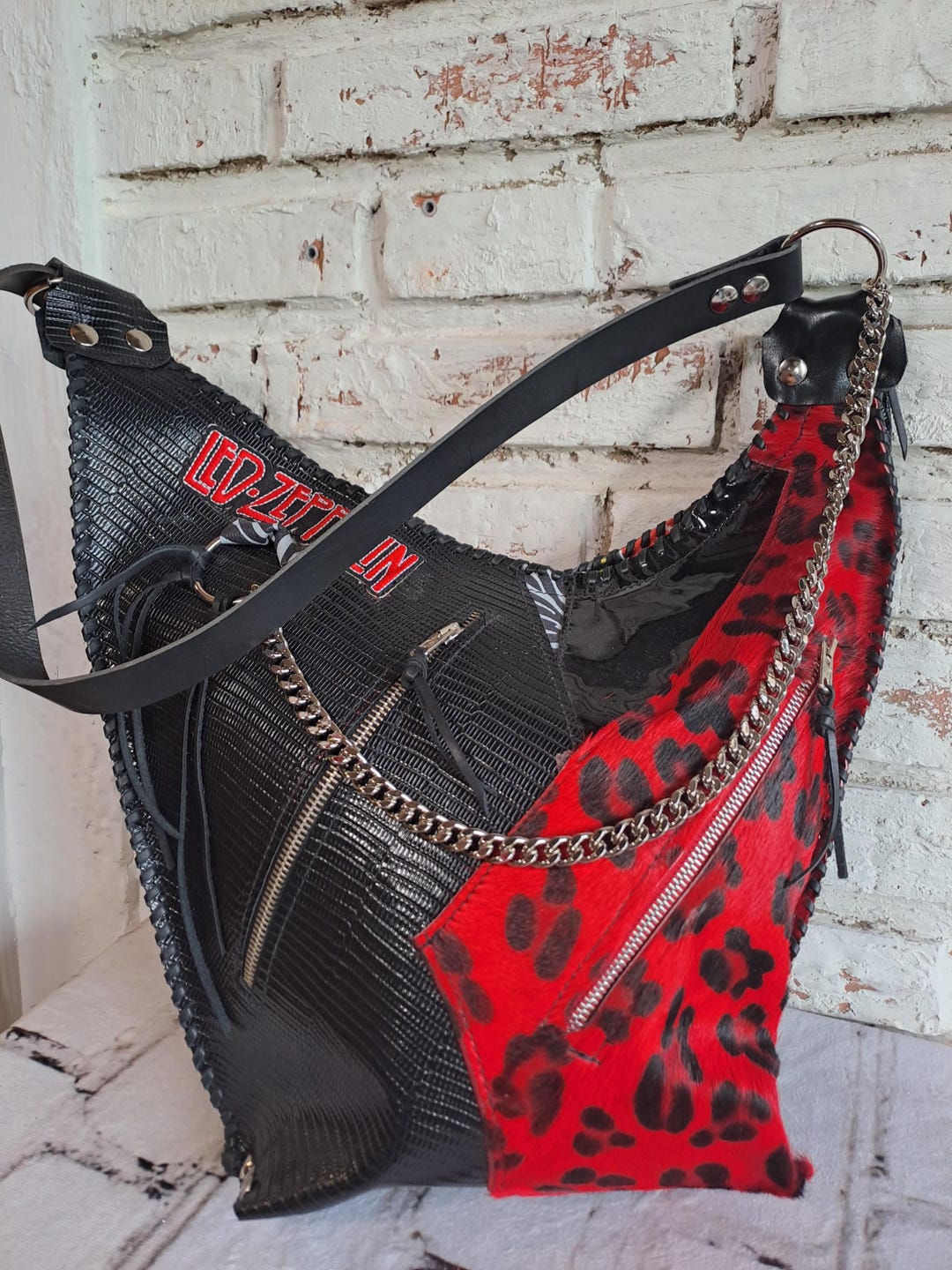 Leather Heavy Black and Red/leather Leopard / Black Handbag Fringe ...