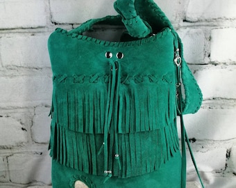 Leather Blue Bag/ Hippie Style fringes/ Purse Woman design boho