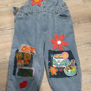 Upcycled Women’s Denim Overalls with hand made Patches waist 34”