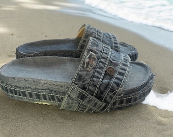 Upcycled Denim Slide Sandals Womens Size  9.5-10