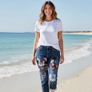 Upcycled Mickey Minnie Mouse Jeans: Cropped Denim with Sequin Patches